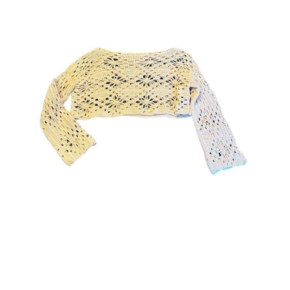 Hand-Crocheted Beige Floral Openwork Long Sleeve Crop Top Medium - Picture 3 of 4